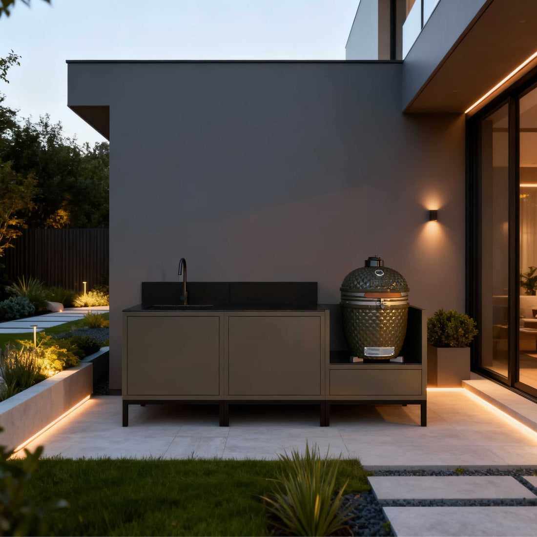 Cuisine extérieure Kokko avec kamado en terrasse moderne