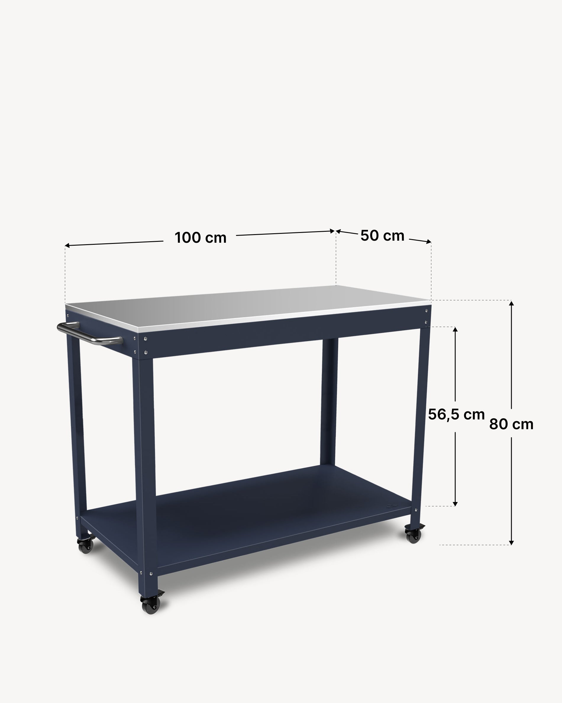 Schéma des dimensions de la desserte métal Kokko 100 × 50 cm, coloris navy.