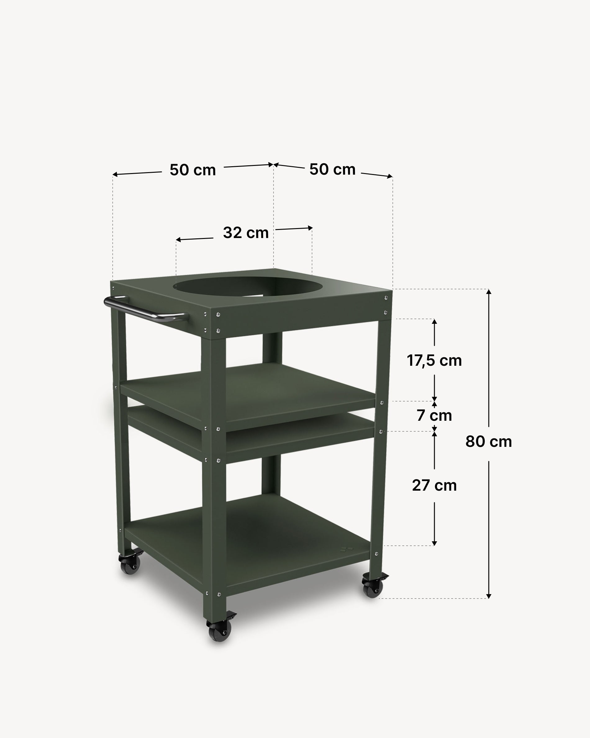 Dimensions de la desserte métal 50 × 50 cm pour Kokko 13, coloris vert olive.