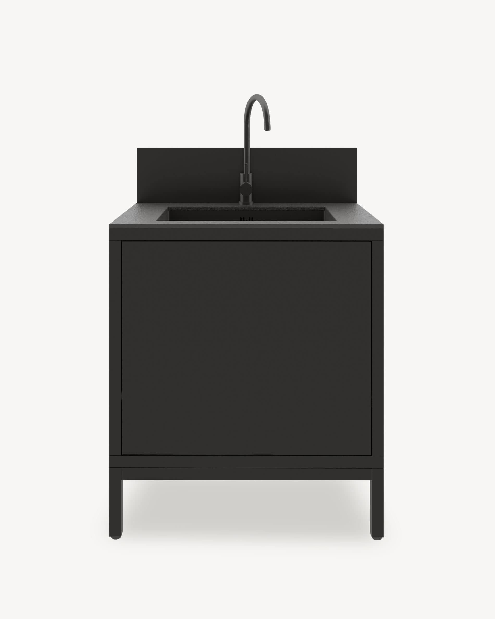 Module de cuisine pilotis avec évier intégré, meuble coloris noir avec rangement fermé, plan de travail sombre et crédence intégrée.