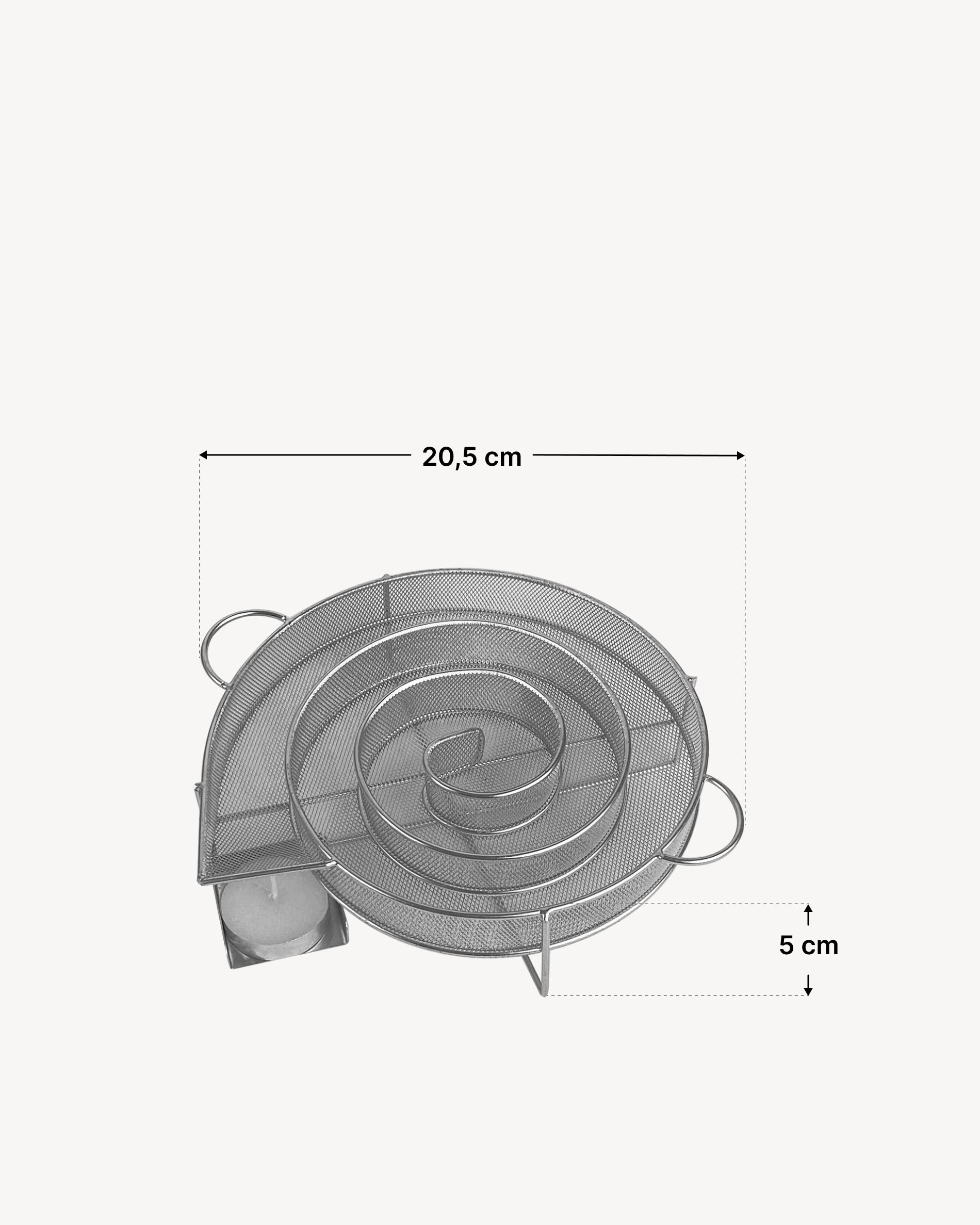 Serpentin de fumage à froid en inox avec structure grillagée circulaire, équipé de poignées latérales et d’un emplacement pour allume-fumage, présenté avec un schéma de dimensions indiquant un diamètre de 20,5 cm et une hauteur de 5 cm.