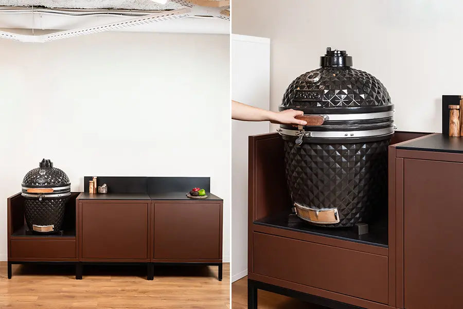 Showroom cuisine extérieure Kokko avec kamado et cuisine pilotis rouille