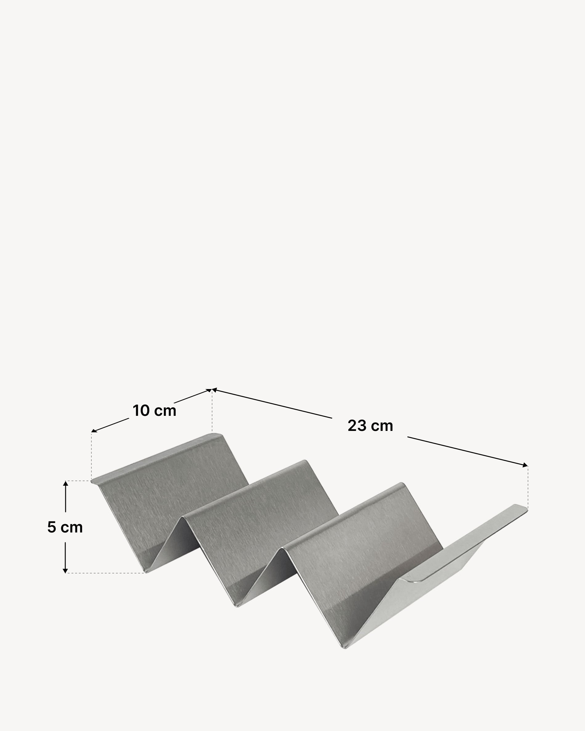 Support à tacos en acier inoxydable à structure pliée en zigzag, composé de plusieurs emplacements pour tortillas, présenté avec un schéma de dimensions indiquant une longueur totale de 23 cm, une largeur de 10 cm et une hauteur de 5 cm.